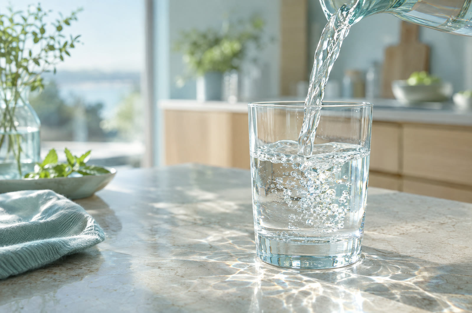 Ein Glas klares Wasser auf einer hellen Steinplatte in einer ruhigen Küche