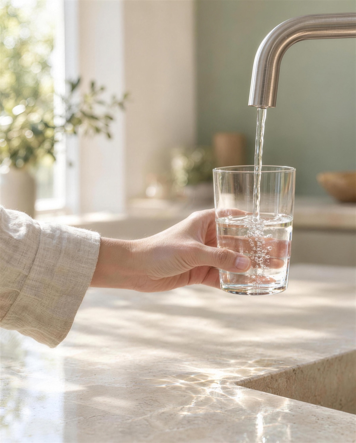 Eine Hand hält ein Glas unter einen feinen Wasserstrahl aus dem Küchenhahn, im Morgenlicht