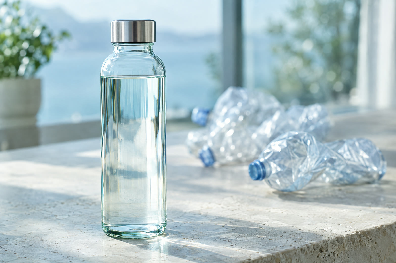 Eine Glasflasche wird an einer Steinplatte mit Wasser gefüllt