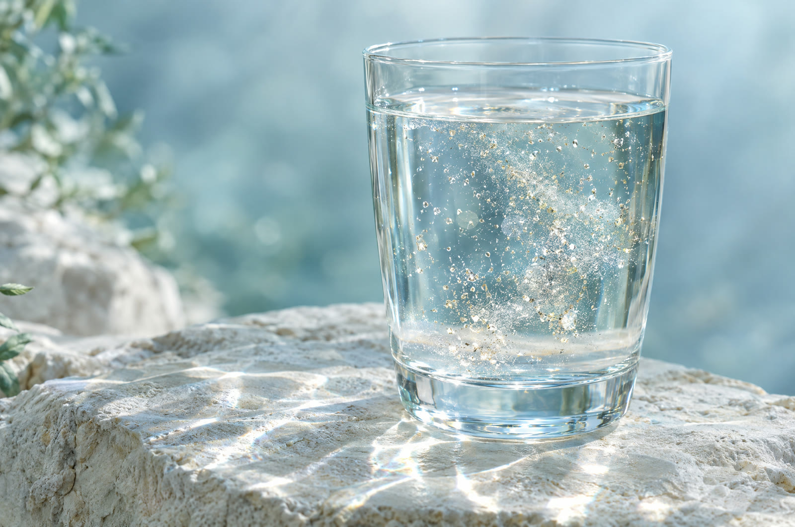Mineral-Funken lösen sich in einem Glas Wasser auf