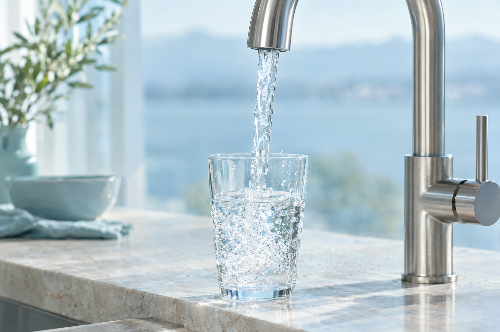 Wasser fließt aus einem Wasserhahn in ein Glas