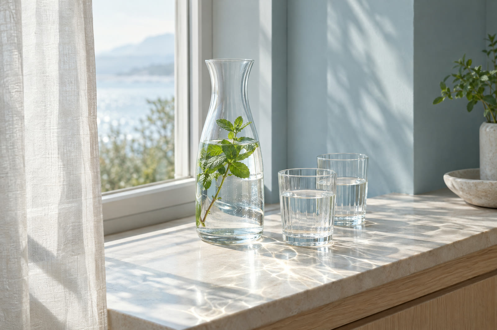 Eine Karaffe und zwei Gläser Wasser im Morgenlicht