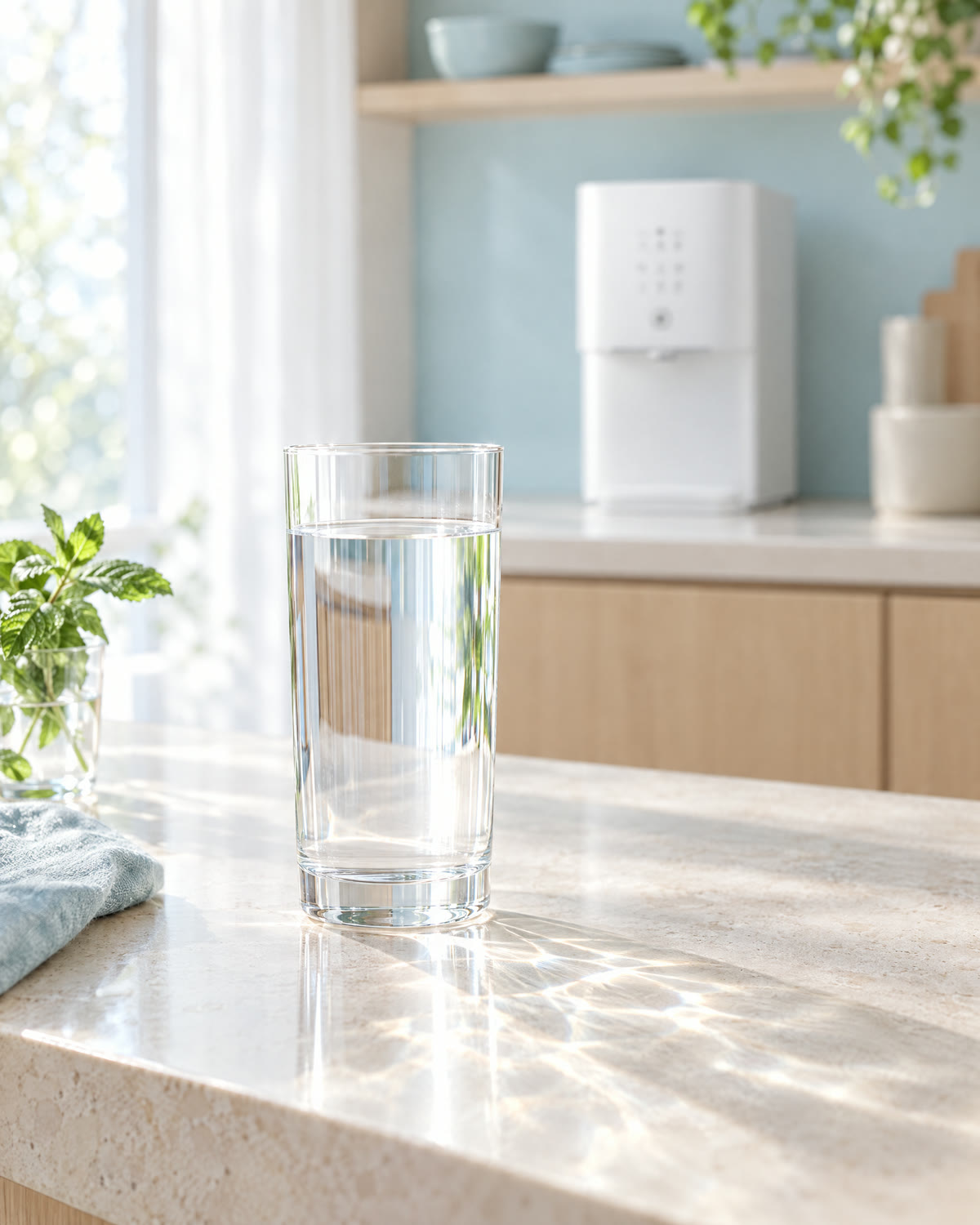 Ein Glas klares Wasser auf einer hellen Steinplatte im Morgenlicht