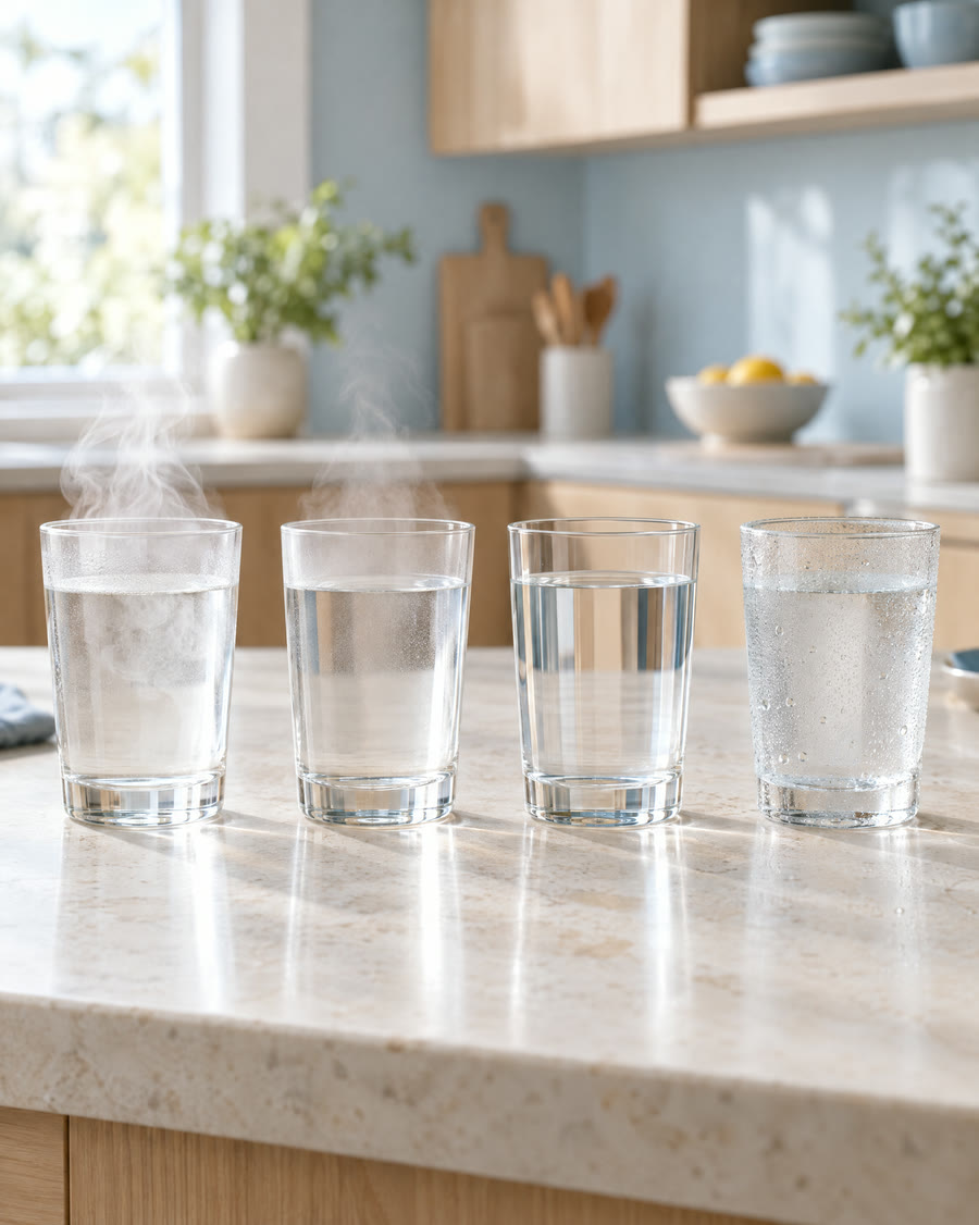 Symbolbild: vier Gläser Wasser von dampfend heiß bis eiskalt