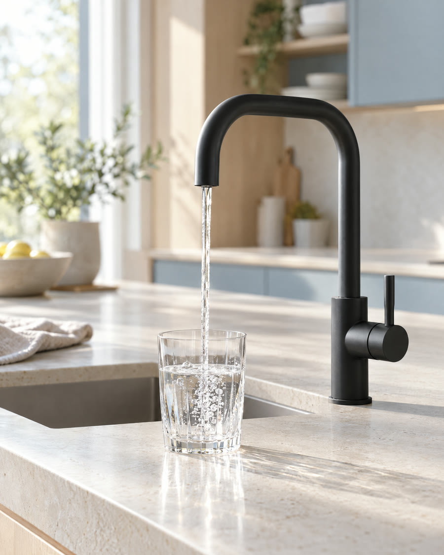 Symbolbild: Wasser fließt aus einem schlanken Designhahn in ein Glas
