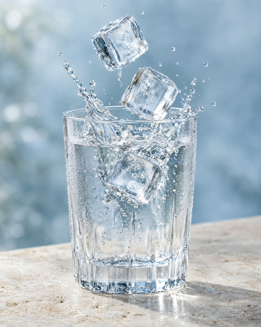 Symbolbild: Eiswürfel fallen in ein Glas Wasser