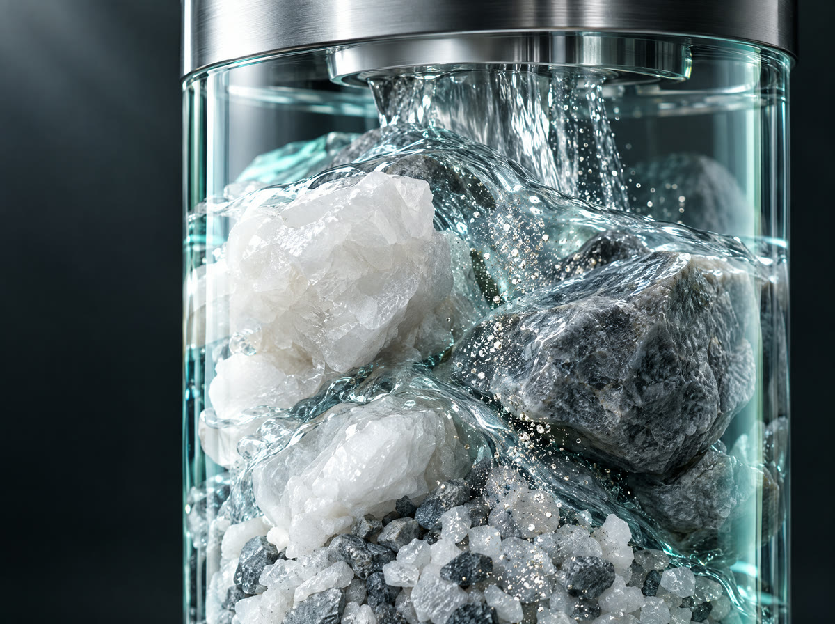 Klares Wasser strömt über helle Mineralsteine in einer gläsernen Kammer